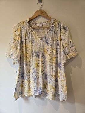 Current Air White Blouse with Blue & Yellow Floral Print